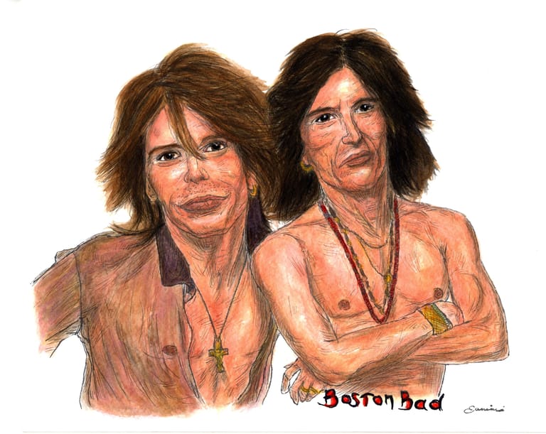 Steven Tyler and Joe Perry Aerosmith, watercolor with pen and ink portrait, rockstarlegendportraits.com