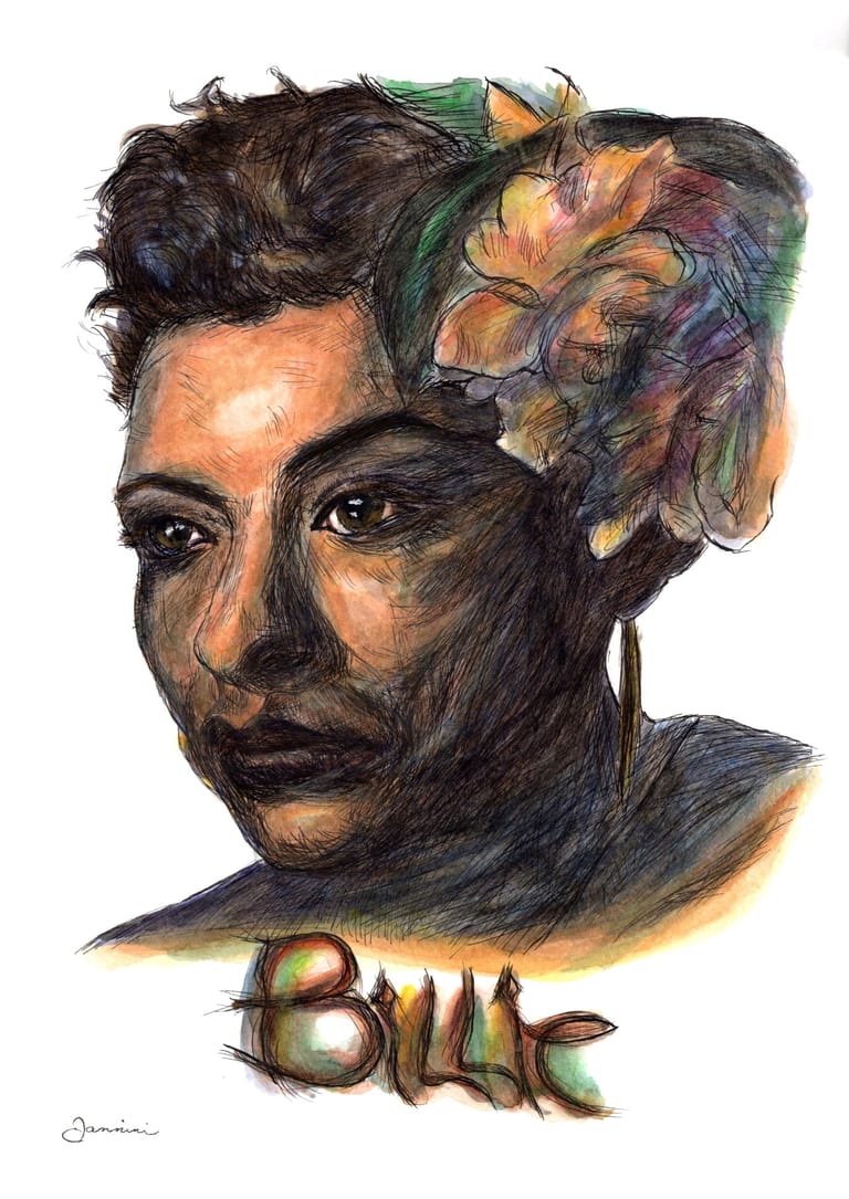 Billie Holiday Blues Music Legend watercolor with pen and ink portrait, rockstarlegendportraits.com