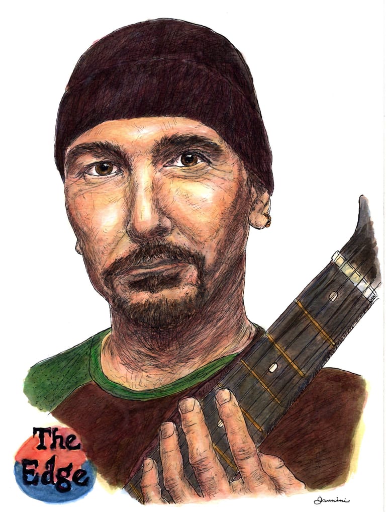 The Edge U2 Band Guitar Legend, watercolor with pen and ink portrait, rockstarlegendportraits.com