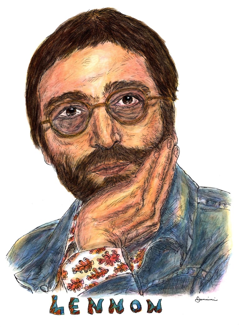 John Lennon The Beatles, watercolor with pen and ink portrait, rockstarlegendportraits.com