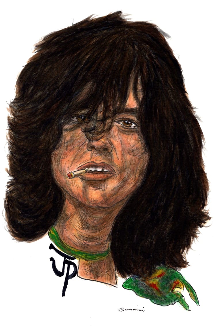Jimmy Page Led Zeppelin, watercolor with pen and ink portrait, rockstarlegendportraits.com