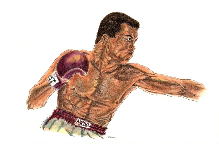 Muhammad Ali Boxing Champion watercolor with pen and ink portrait, rockstarlegendportraits.com