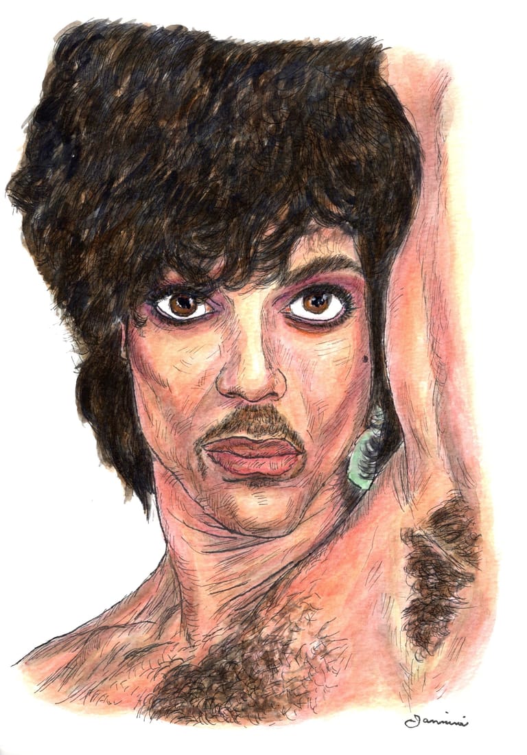 Prince The Artist watercolor with pen and ink portrait, rockstarlegendportraits.com