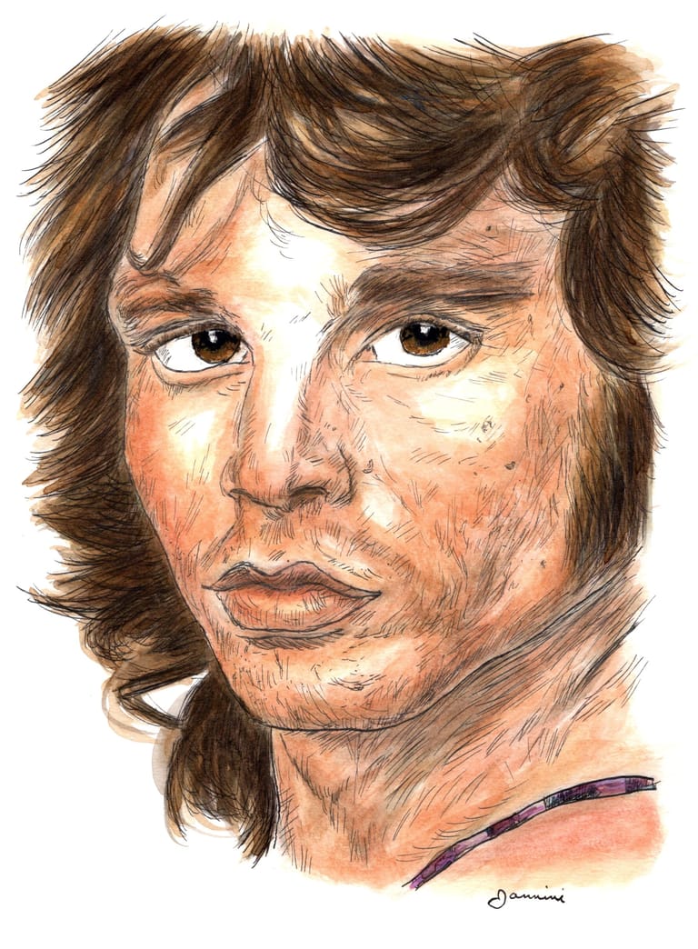 Jim Morrison The Doors watercolor with pen and ink portrait, rockstarlegendportraits.com