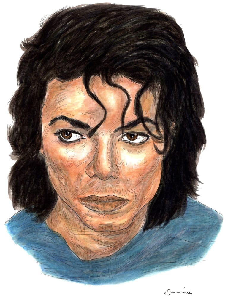 Michael Jackson King of Pop, watercolor with pen and ink portrait, rockstarlegendportraits.com