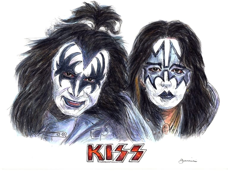 Gene Simmons and Ace Frehley The Band Kiss, watercolor with pen and ink portrait, rockstarlegendportraits.com
