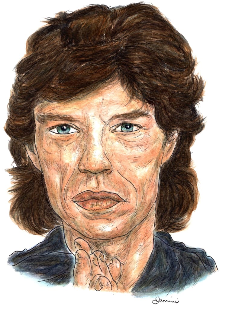 Mick Jagger The Rolling Stones, watercolor with pen and ink portrait, rockstarlegendportraits.com Mick Jagger The Rolling Stones, watercolor with pen and ink portrait, rockstarlegendportraits.com