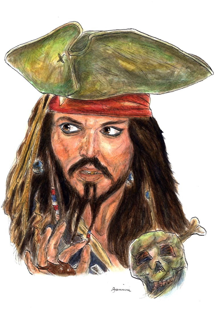 Johnny Depp The Pirates of the Caribbean, watercolor with pen and ink portrait, rockstarlegendportraits.com Johnny Depp The Pirates of the Caribbean, watercolor with pen and ink portrait, rockstarlegendportraits.com