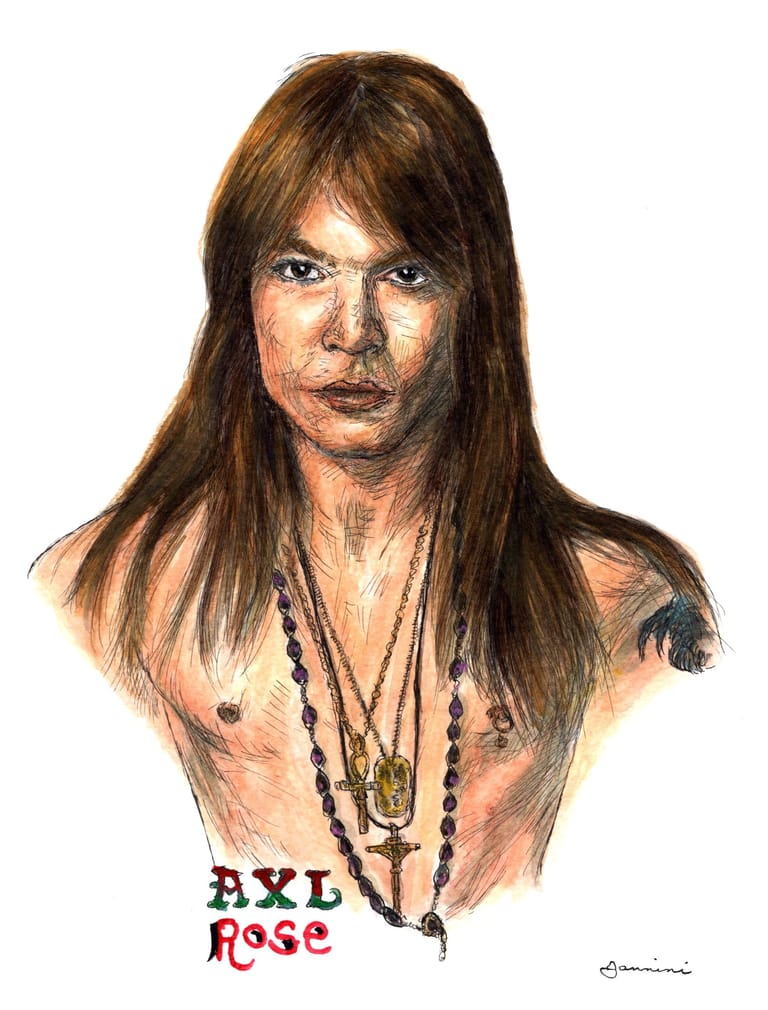 Axl Rose Guns N Roses watercolor with pen and ink portrait, rockstarlegendportraits.com