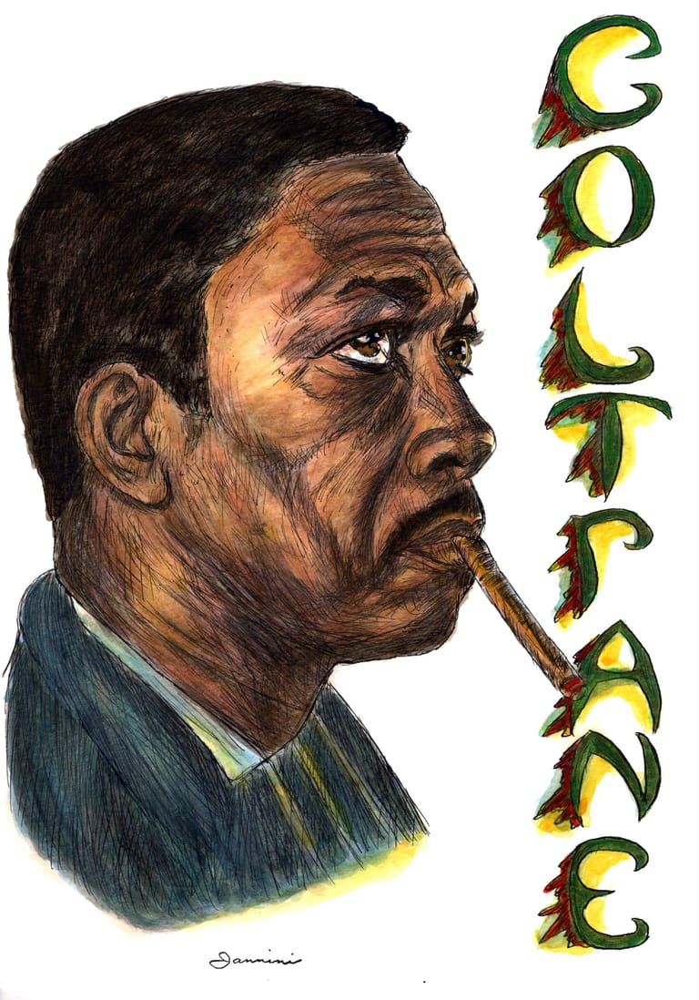 John Coltrane Jazz Music Legend, watercolor with pen and ink portrait, rockstarlegendportraits.com