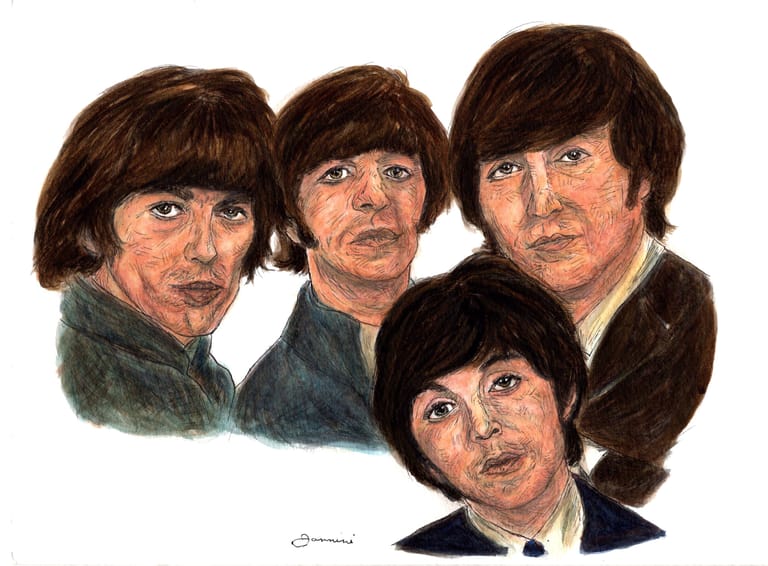 Paul McCartney and The Beatles, watercolor with pen and ink portrait, rockstarlegendportraits.com
