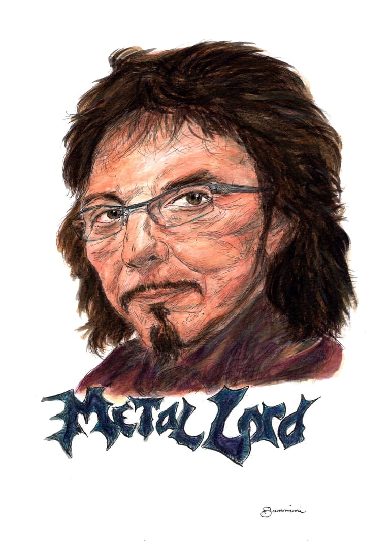 Tony Iommi Black Sabbath watercolor with pen and ink portrait, rockstarlegendportraits.com