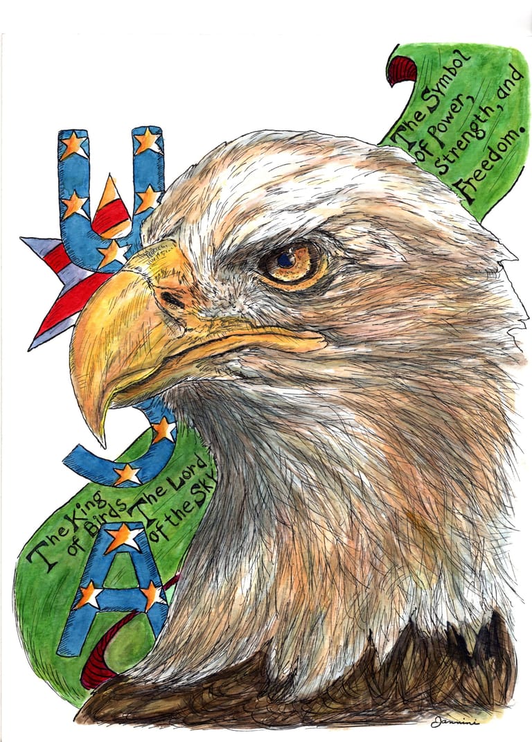 American Bald Eagle USA, watercolor with pen and ink portrait, rockstarlegendportraits.com