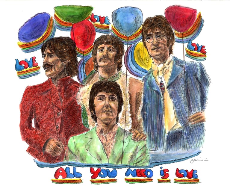 The eatles All You Need Is Love, watercolor with pen and ink portrait, rockstarlegendportraits.com The eatles All You Need Is Love, watercolor with pen and ink portrait, rockstarlegendportraits.com