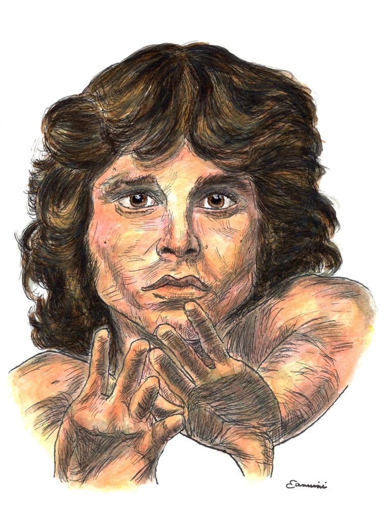 Jim Morrison The Doors watercolor with pen and ink portrait, rockstarlegendportraits.com