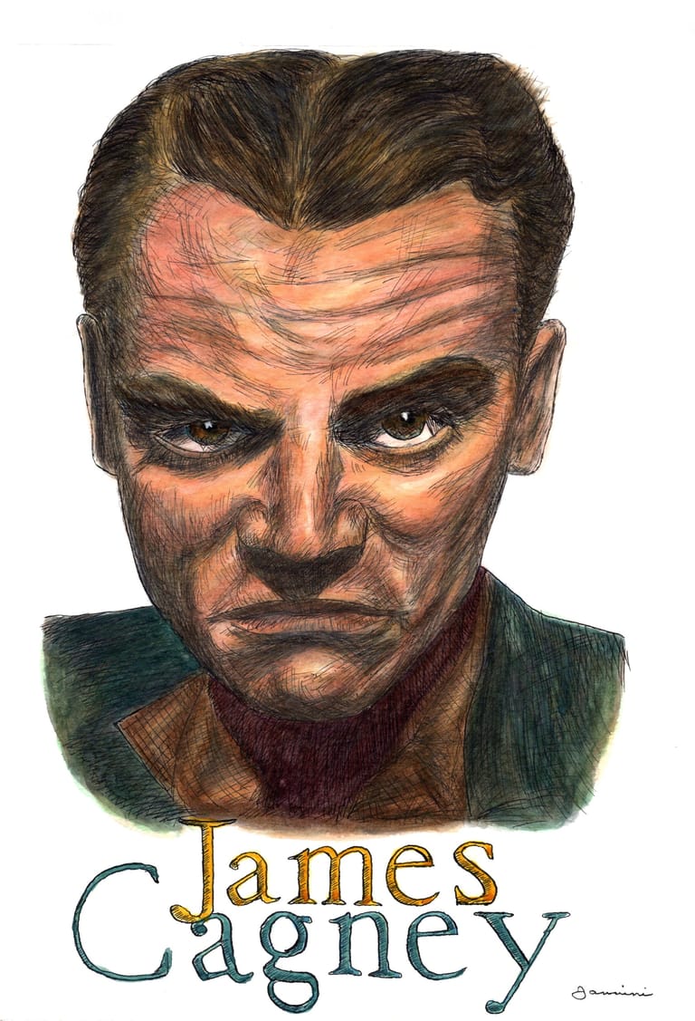 James Cagney Hollywood Icon, watercolor with pen and ink portrait, rockstarlegendportraits.com