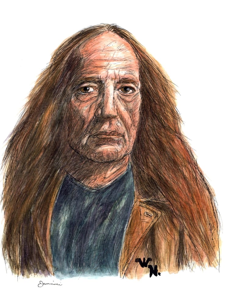 Willie Nelson Country Music Legend, watercolor with pen and ink portrait, rockstarlegendportraits.com