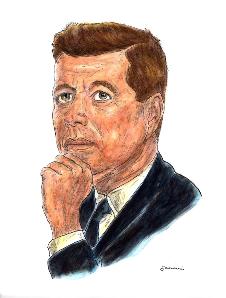 John F Kennedy American President watercolor with pen and ink portrait, rockstarlegendportraits.com