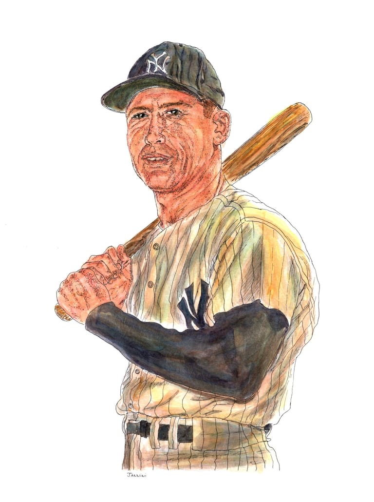 Micky Mantle Baseball Legend watercolor with pen and ink portrait, rockstarlegendportraits.com