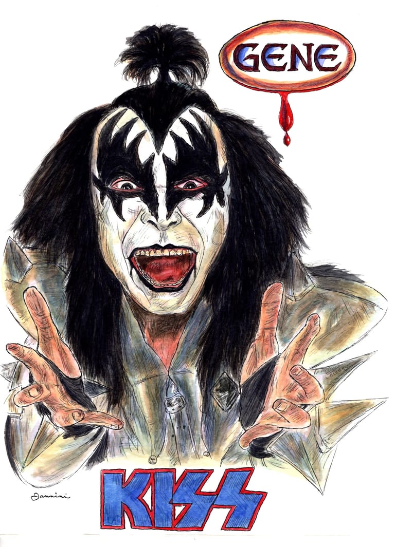 ene Simmons Kiss Band Legend, watercolor with pen and ink portrait, rockstarlegendportraits.com