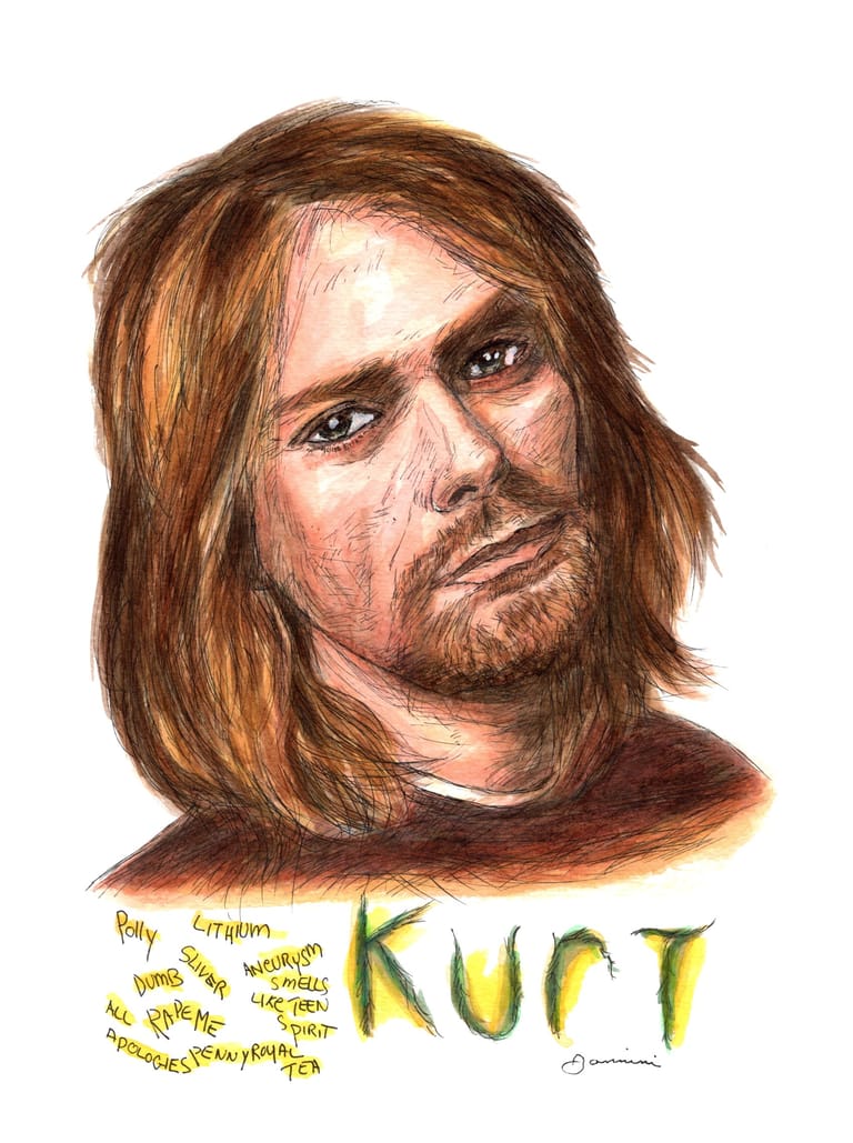 Kurt Cobain Nirvana, watercolor with pen and ink portrait, rockstarlegendportraits.com