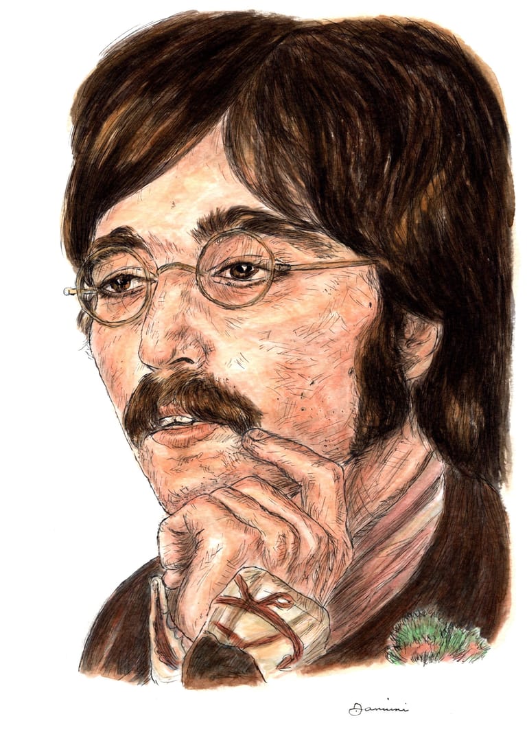 John Lennon The Beatles watercolor with pen and ink portrait, rockstarlegendportraits.com