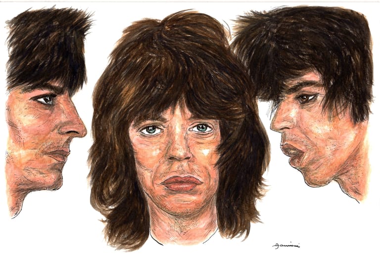 Mick jagger and The Rolling Stones, watercolor with pen and ink portrait, rockstarlegendportraits.com