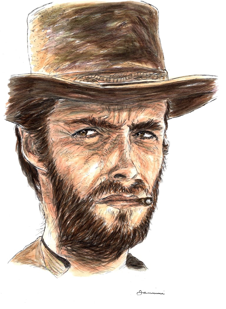 Clint eastwood Hollywood Icon, watercolor with pen and ink portrait, rockstarlegendportraits.com