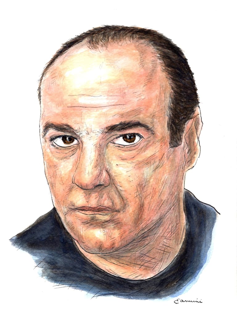 James Gandolfini as Tony Soprano watercolor with pen and ink portrait, rockstarlegendportraits.com