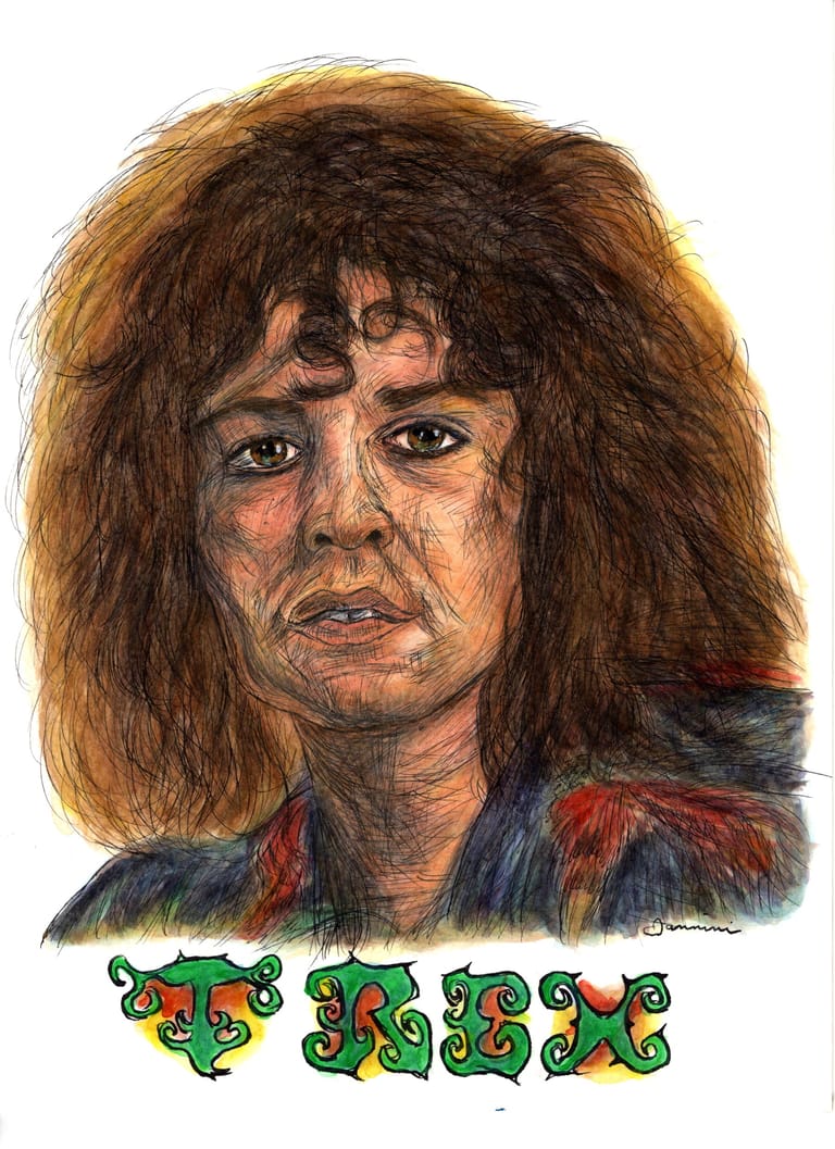 Marc Bolan T Rex Band, watercolor with pen and ink portrait, rockstarlegendportraits.com Marc Bolan T Rex Band, watercolor with pen and ink portrait, rockstarlegendportraits.com