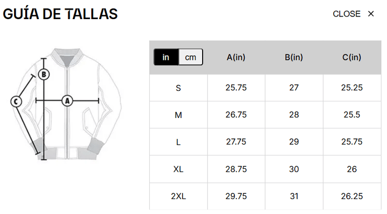 Tallas Formato (in):