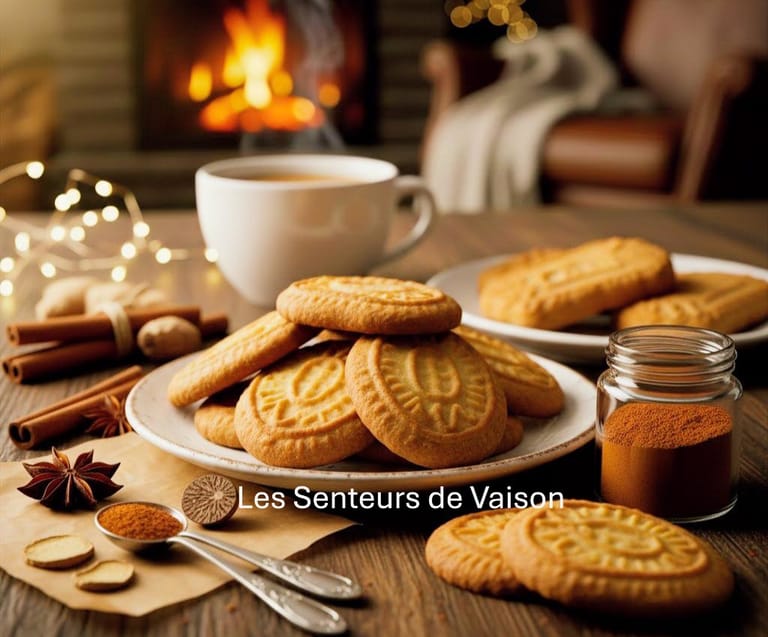 photo pour une recette de biscuits spéculoos dans une assiette avec les épices autour dans un décor chaleureux