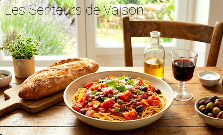 Assiette de Spaghettis en sauce dans un décor de cuisine