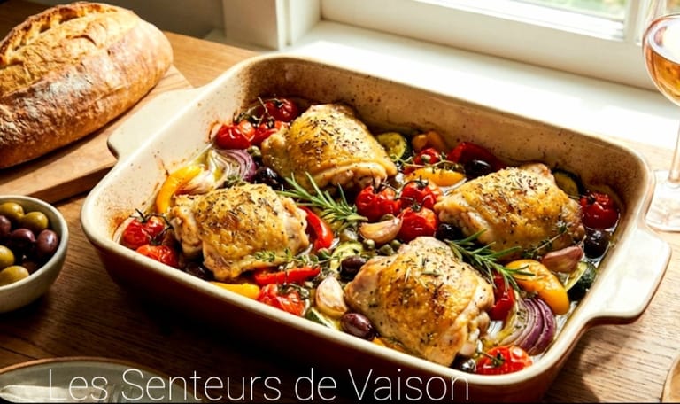 Cuisses de poulet cuisinées dans un plat sortant du four dans un décor de cuisine
