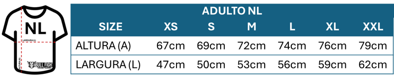 Tabela de Tamanhos Tshirts BUll Fight