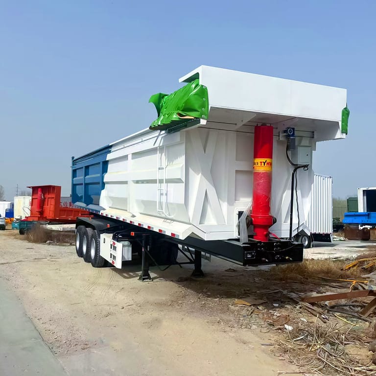3/4 view of 60 Ton Rear Dump Semi Trailer – heavy-duty rear dump trailer designed for safe and efficient transport of construction materials. 3/4 view of 60 Ton Rear Dump Semi Trailer – heavy-duty rear dump trailer designed for safe and efficient transport of construction materials.