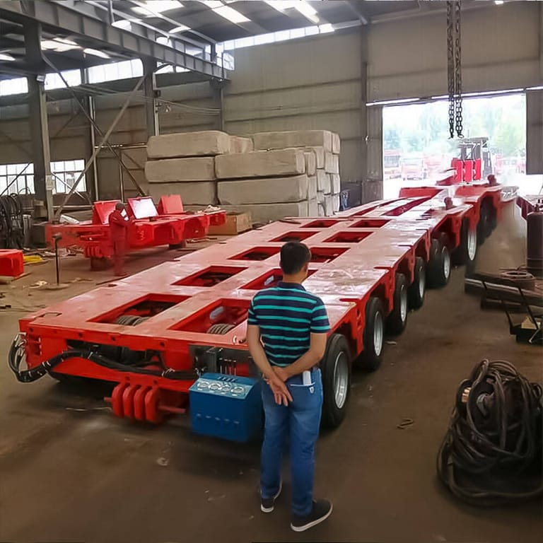 Rear three-quarter view of Nicolas Heavy Duty Modular Trailer highlighting axle configuration and hydraulic suspension system Rear three-quarter view of Nicolas Heavy Duty Modular Trailer highlighting axle configuration and hydraulic suspension system