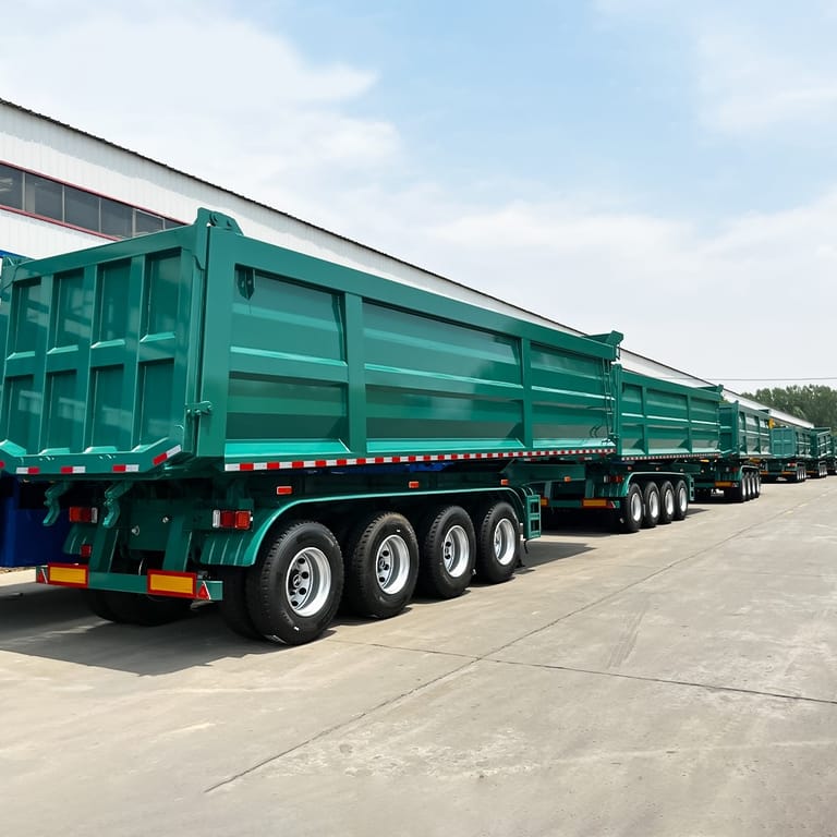 3/4 rear view of 4 Axle Cargo Tipper Semi Trailer – showing reinforced chassis, large tipper body, and hydraulic system for efficient unloading. 3/4 rear view of 4 Axle Cargo Tipper Semi Trailer – showing reinforced chassis, large tipper body, and hydraulic system for efficient unloading.