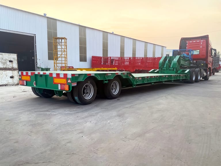Rear three-quarter view of ZW Group 2 Axle 60 Ton RGN Lowboy Trailer showing spring ramps and dual-line air brake system Rear three-quarter view of ZW Group 2 Axle 60 Ton RGN Lowboy Trailer showing spring ramps and dual-line air brake system