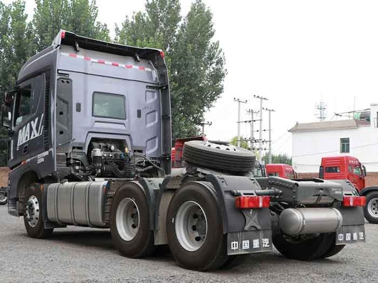 HOWO MAX 510HP 6×4 Tractor Truck angled rear view showing rear axles, suspension, and tires HOWO MAX 510HP 6×4 Tractor Truck angled rear view showing rear axles, suspension, and tires