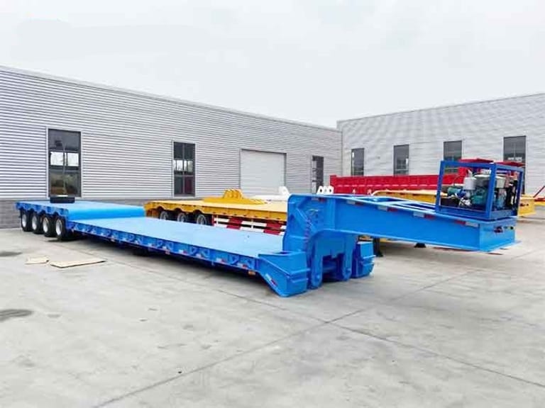 4 Axle 80 Ton RGN Low Bed Trailer Front 3/4 View | Removable Gooseneck Trailer for Heavy Equipment Transport 4 Axle 80 Ton RGN Low Bed Trailer Front 3/4 View | Removable Gooseneck Trailer for Heavy Equipment Transport