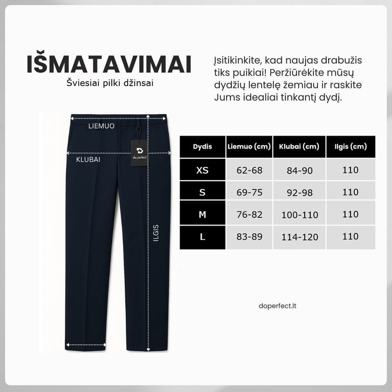 Išmatavimų lentelė Išmatavimų lentelė