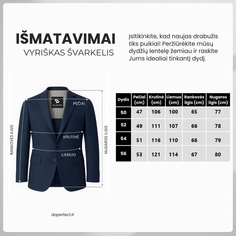 Išmatavimų lentelė Išmatavimų lentelė