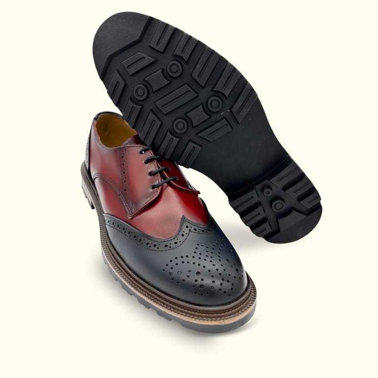 zapatos bostonianos completamente de piel marca dargo bicolor, punta y talon azul marino con cuerpo rojo muy comodo, de excelente calidad fabricados y sombreados de forma artesanal, con suela antiderrapante hecho en leon guanajuato mexico directo desde fabrica