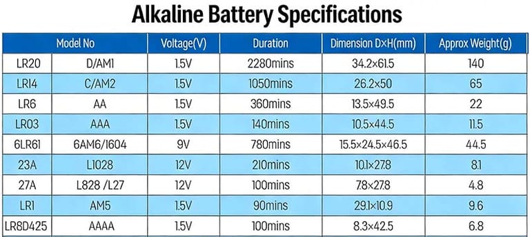 alkaline battery specifications