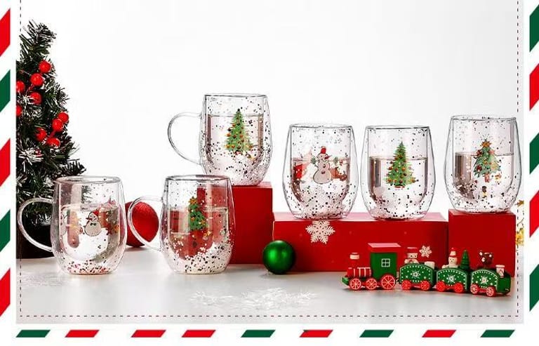 Double Wall Christmas Confetti Glass Mug Wholesale in China Double Wall Christmas Confetti Glass Mug Wholesale in China