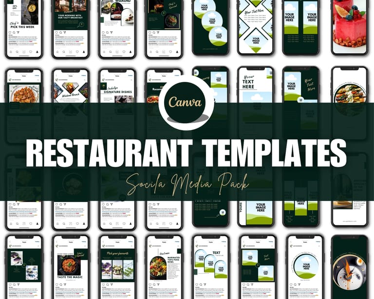 Restaurant social media Canva templates pack with 120 Instagram post and story designs for food businesses Restaurant social media Canva templates pack with 120 Instagram post and story designs for food businesses