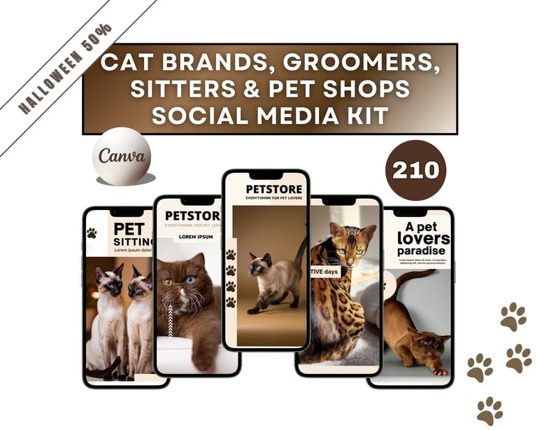 Cat Brand Canva Templates – 210 editable social media kit for pet shops, groomers, sitters, and cat influencers featuring modern beige aesthetic Instagram post previews Cat Brand Canva Templates – 210 editable social media kit for pet shops, groomers, sitters, and cat influencers featuring modern beige aesthetic Instagram post previews