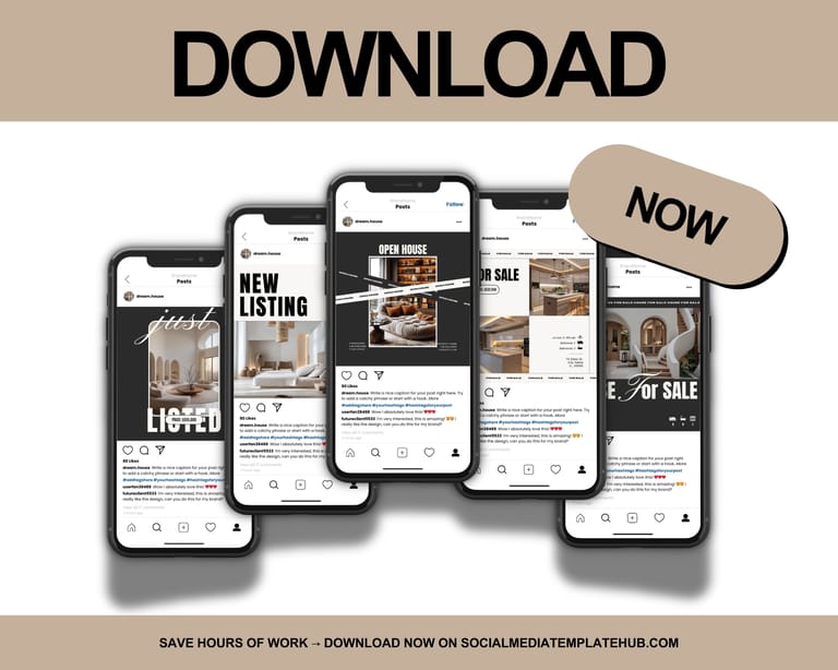 Preview of real estate social media templates for Instagram posts showing modern house listings and open house graphics. Preview of real estate social media templates for Instagram posts showing modern house listings and open house graphics.