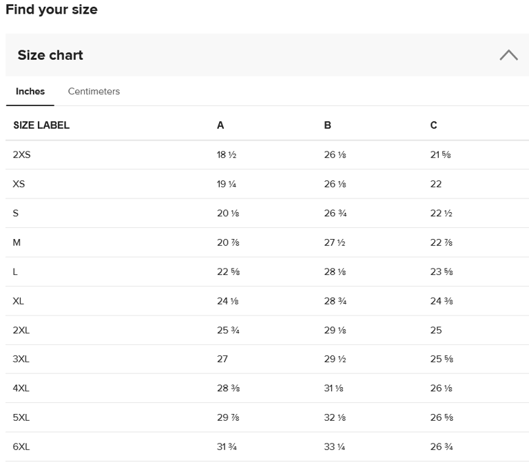 Product size chart in inches